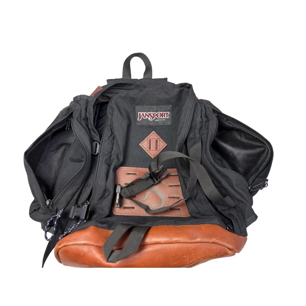 Vintage JanSport Backpack Black Canvas Brown Leather Bottom‎ Made in USA JS Logo